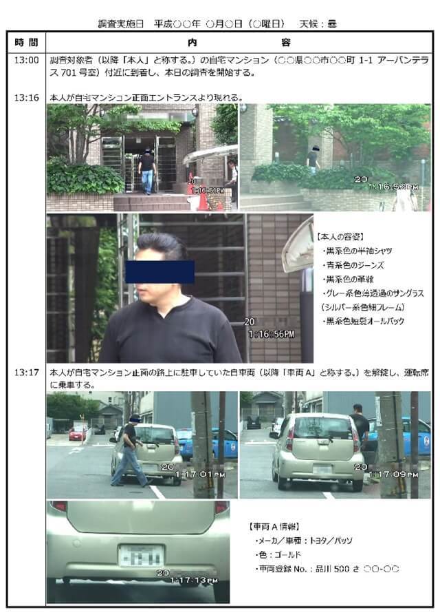 岐阜県での浮気調査報告書の証拠写真。対象者が自宅マンション前に現れ、黒系半袖シャツ・青系ジーンズ・黒系靴・黒系鞄を身につけて歩く様子を時刻入りで記録。続いて対象者がゴールド色のトヨタパッソ（車両A）に乗り込む場面を撮影。建物入口からの出発、服装、車両の特徴を詳細に示した裁判用証拠写真