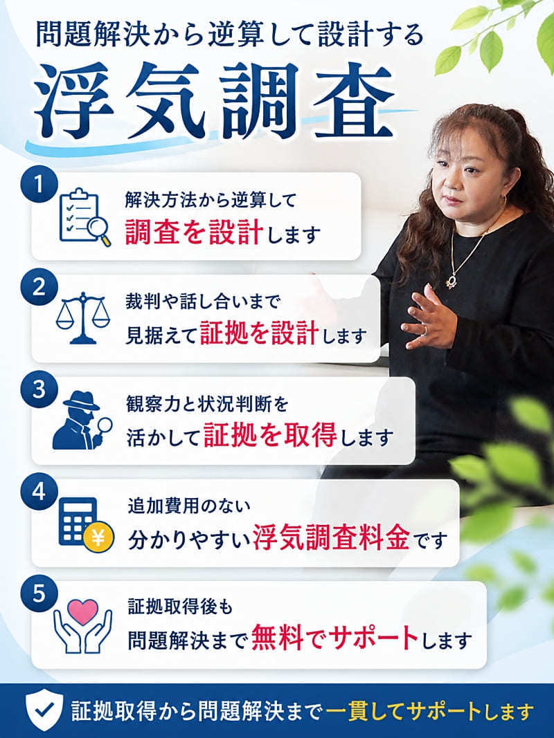 解決方法から逆算して浮気調査を設計し、裁判を見据えた証拠取得、明確な料金体系、証拠取得後の問題解決まで一貫してサポートする岐阜浮気調査相談室の特徴を紹介したイラスト。
