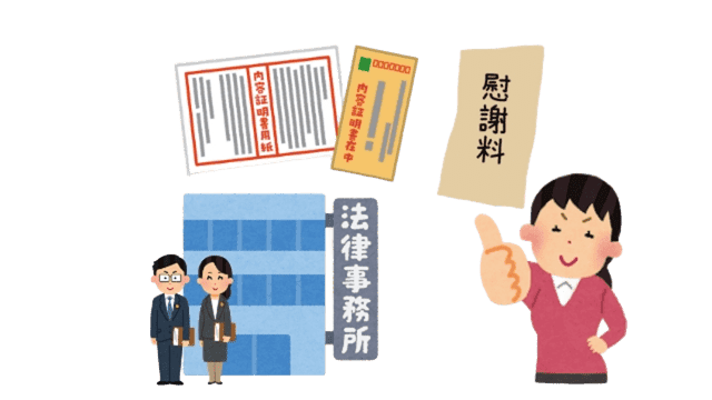 浮気の慰謝料請求に必要な証拠取得や弁護士との連携、示談交渉や公正証書作成など、問題解決までのサポートを表したイラスト。
