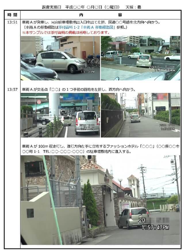 岐阜県での浮気調査報告書の証拠写真。車両Aが駐車場を発車し左折して国道へ進入、続いて交差点手前の路地を左折し西方向へ走行する様子を時刻入りで記録。さらに車両Aが約100m走行後、進行方向左手にあるファッションホテルの駐車場へ進入する場面を撮影。道路状況、交差点での動き、ホテル敷地への進入が連続写真で示された裁判用の不貞行為立証に重要な走行経路証拠。