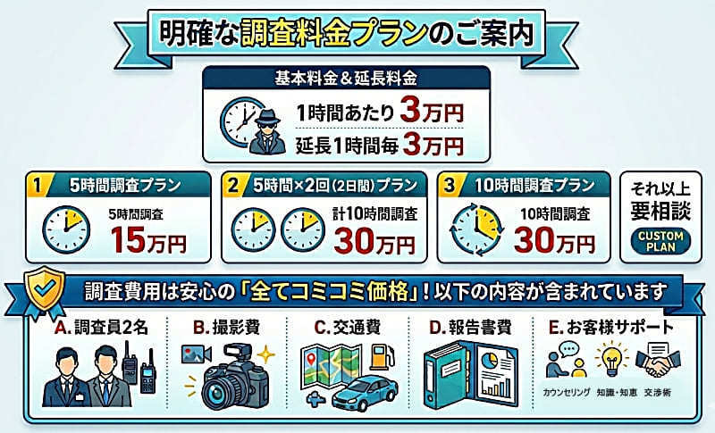 調査料金・1時間あたり3万円のみ・5時間の調査＝15万円のみ・5時間の調査を2回＝30万円のみ・10時間の調査＝30万円のみ・その他　お客様のご要望に合わせて取り決めを紹介しているイラスト