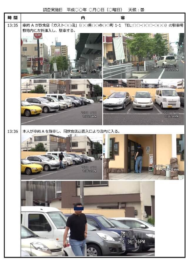 岐阜県での浮気調査報告書の証拠写真。車両Aが飲食店ガストの駐車場に左折進入し駐車する様子を時刻入りで記録。続いて対象者が車両Aを離れ、店舗正面入口へ歩き店内に入る場面を撮影。駐車位置、店舗外観、対象者の行動が連続写真で示された裁判用証拠。