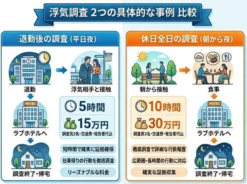退勤後に浮気相手と接触しラブホテルに行き帰宅（5時間15万円）,休日に朝から浮気相手と接触し食事やラブホテルに行き帰宅（10時間30万円）を説明しているイラスト
