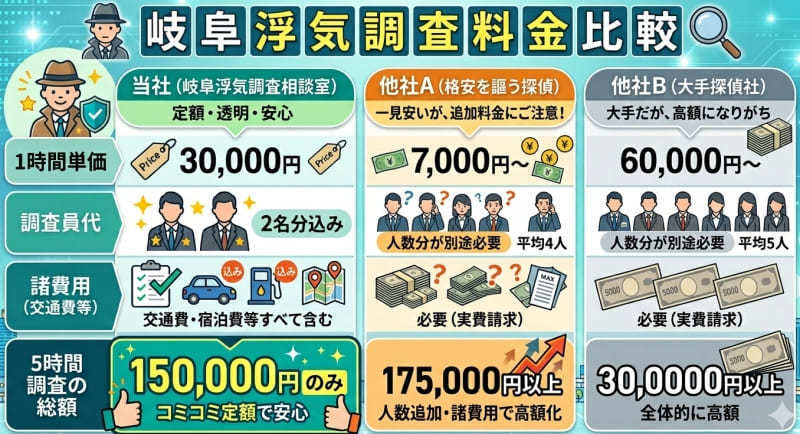 他社様と料金比較、当社・1時間あたり30,000円・調査員代込み・5時間調査した場合150,000円のみ、他社A・1時間あたり7,000円・調査員代人数×7,000円・5時間調査した場合175,000円以上、他社B・1時間あたり60,000円・調査員代込み・諸費用必要・5時間調査した場合300,000円以上を説明しているイラスト