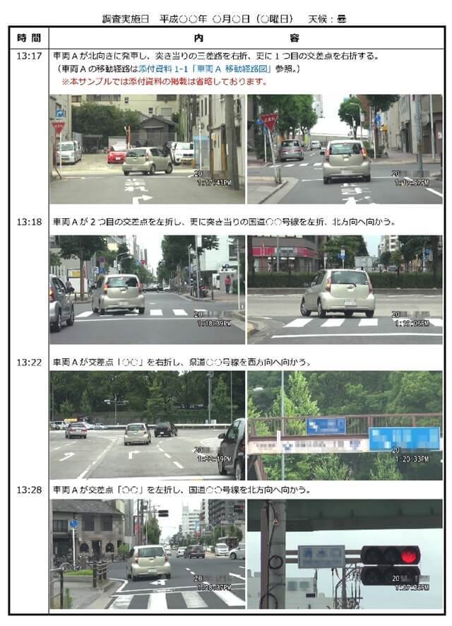 岐阜県での浮気調査報告書の証拠写真。車両Aが対象者を乗せて北向きに発車し、三差路や複数の交差点を右折・左折しながら国道や県道を走行する様子を時刻入りで記録。車両の進行方向、交差点での動き、道路状況を連続写真で示した裁判用の走行経路証拠。